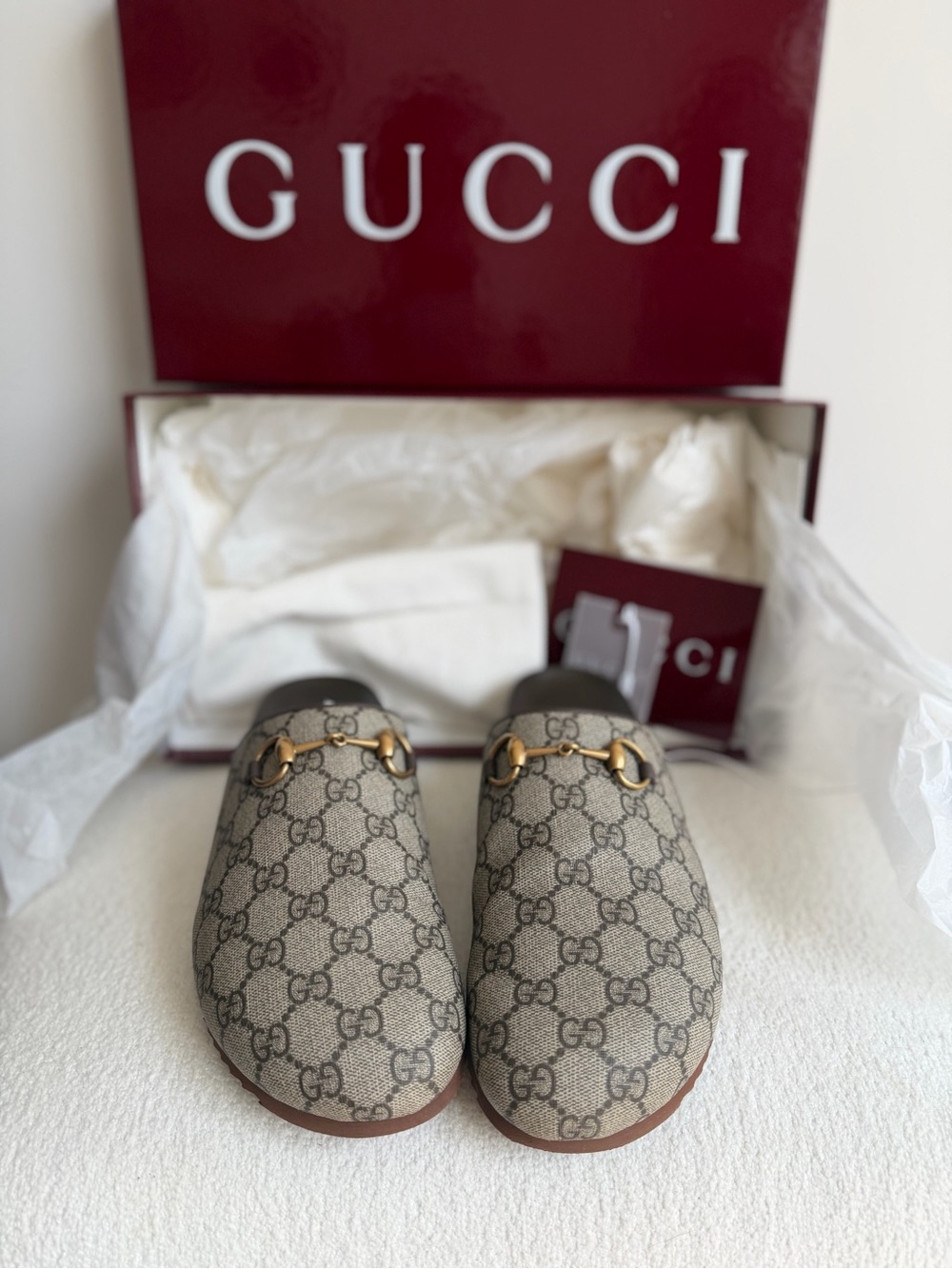 Gucci Beige GG Supreme Canvas Horsebit Backless Mules